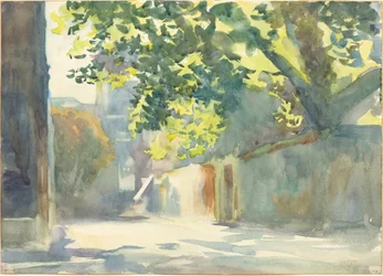 Solbelyst vägg under ett träd, ca. 1913.