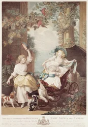 Prinsessorna Mary (1776-1857), Sophia (1777-1848) och Amelia (1783-1810), döttrar till Georg III, graverad av Francesco Bartolozzi (1727-1815) (mezzotintgravyr)