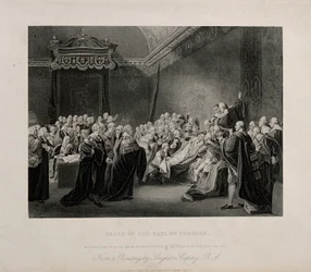 William Pitt, Lord Chathams död i överhuset i Palace of Westminster, 1778. Gravyr efter J. Copley, 1779.