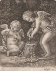 Cupids som provar en pilbåge
