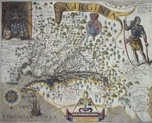 Karta över Virginia: Infälld bild (överst till vänster) som visar interiören i indianhövdingen Powathans hydda, av John Smith (1580-1631)