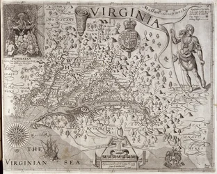 Karta över Virginia, upptäckt och beskriven av kapten John Smith, 1606, graverad av William Hole (fl. 1607-24), publicerad 1612 (se även 174212)