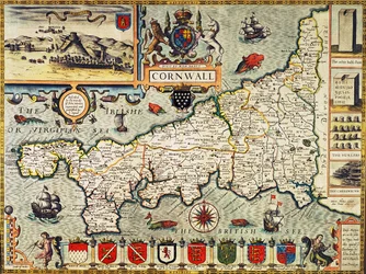 Karta över Cornwall från "Theatre of the Empire of Great Britain", pub. i London av George Humble, 1627 års upplaga (handfärgad gravyr)