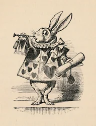 En kanin som hovtjänsteman blåser i trumpet för ett tillkännagivande, 1889