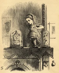 Alice in the Looking Glass House, illustration från "Through the Looking Glass" av Lewis Carroll (1832-98) publicerad först 1871