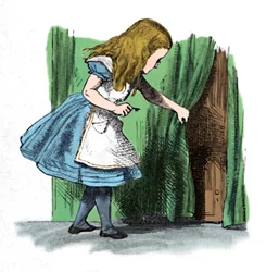 Alice tittar på en liten dörr bakom en gardin, 1889