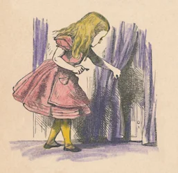 Alice tittar på en liten dörr bakom en gardin, 1889