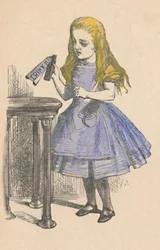 Alice tittar på flaskan med skylten drink me, 1889