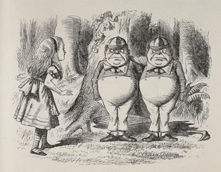 Alice träffar Tweedle Dee och Tweedle Dum för första gången. De stod under ett träd, var och en med en arm om den andras hals, och Alice visste vilken som var vilken på ett ögonblick, eftersom en av dem hade "Dum" broderad på sin krage, och den andra "Dee.
