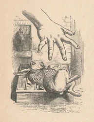 Alice lägger ner handen mot den vita kaninen, 1889