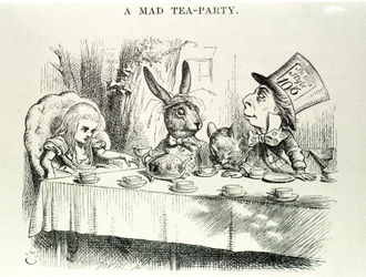 Alice tar Lewis Carrolls "" Alices äventyr i Underlandet och genom glasögonen", illustration av John Tenniel (1820-1914)