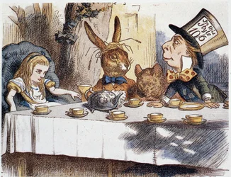 Alice tar ”” hos dårarna””” - i ”Alice i Underlandet och Genom spegeln” av Lewis Carroll, illustration av John Tenniel (1820-1914)