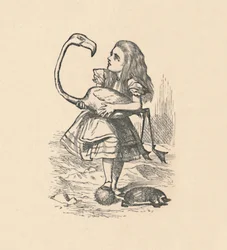 Alice försöker spela krocket med en flamingo som klubba, 1889