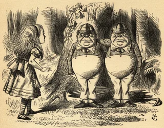 Alice med Tweedledum och Tweedledee. Illustration av Sir John Tenniel