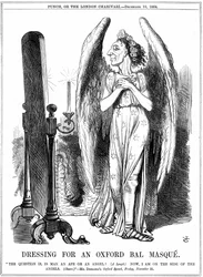 Benjamin Disraeli (1804-81) brittisk konservativ statsman. "Nu är jag på änglarnas sida". John Tenniel tecknad film från Punch, London