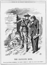 Boer War: Baden Powell uppmuntrar Mafeking att hålla ut. Lord Roberts lovade att avlösa dem senast den 18 maj. John Tenniel tecknad från Punch 9 maj 1900.
