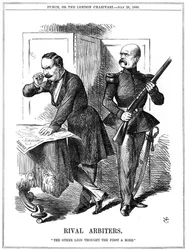 Napoleon III (1808-1873), Frankrikes kejsare 1852-1870, och Otto von Bismarck (1808-1783), Preussens förbundskansler, skar upp Europa. Deras motstridiga ambitioner ledde till det fransk-preussiska kriget 1870-1871. John Tenniel tecknad från Punch, London, 