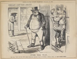 "Över vägen". I dörröppningen till American Cotton Stores slåss presidenterna Lincoln och Davis och blockerar dörren till potentiella kunder, inklusive John Bull, som representerar Storbritannien. Tvärs över gatan väntar en ostindisk köpman på Englis