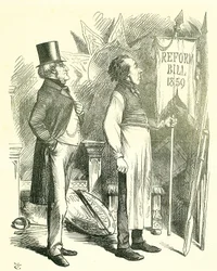 Politisk ekonomi: Reform av parlamentet - förlängning av franchisen. Disraeli (kansler) och Derby (premiärminister) dammar av reformpropositionen. 1867 presenterade Disraeli ett nytt lagförslag. John Tenniel tecknad film från Punch, London