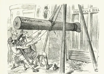 "Angreppet": Gladstones liberala lagförslag om självstyre angrips av den konservativa oppositionen med en murbräcka som har ledaren Lord Salisburys huvud. Karikatyr av John Tenniel ur Punch, London