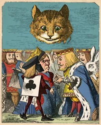 Cheshire Cat tittar ner på de röda kungen och drottningen som bråkar, 1889
