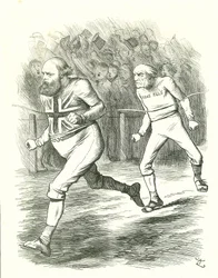 Avslutningen: Allmänna valet 1886. Gladstone (liberal) åkte till landet över sitt lagförslag för hemstyre för Irland. Salisbury (konservativ opposition) slår Gladstone till mållinjen. John Tenniel tecknad film från Punch, London