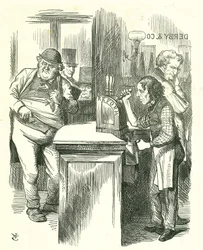 The Honest Pot Boy: Reform of Parliament - förlängning av franchisen. Disraeli tjänar som reform till John Bull bevakad av hans parlamentariska opposition. Han presenterade och genomförde sin reformproposition. Tenniel tecknad från Punch, London