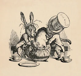 Den galna hattmakaren och marsharen försöker stoppa dormusen i en tekanna, 1889