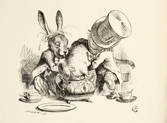 Den galne hattmakaren och Marchharen stoppar Sovmusen i tekannan, ur "Alice i Underlandet" av Lewis Carroll (1832-98), utgiven 1891