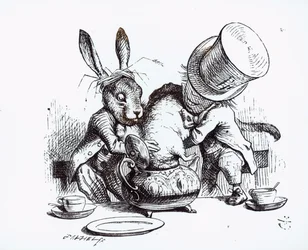 Den galne hattmakaren och Marchharen som stoppar Sovmusen i tekannan, illustration ur «Alice i Underlandet» av Lewis Carroll, 1865