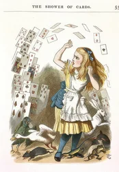 Duschen av kort. Illustration för Alice i Underlandet av Lewis Carroll. 1890
