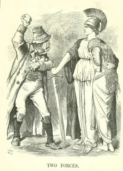 Två styrkor: Irish Land League förbjuden. Britannia skyddar Hibernia (Irland) med lagens kraft mot anarkins kraft. John Tenniel tecknad från Punch, London, 29 oktober 1881.