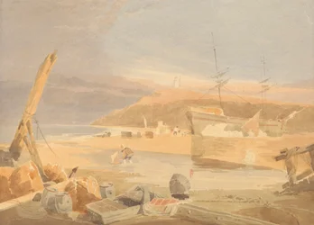 Strandscen med segelfartyg vid kajen