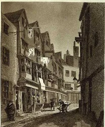 "View of the Southern Extremity of Thieving Lane (senaste åren kallad Bow Street)...", ritad 1807, graverad av W.M. Kamrater, pub. 1807 (gravyr)