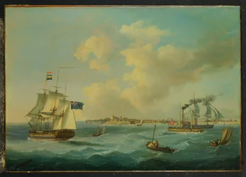 En fregatt med 44 kanoner, en paddelångare och annan frakt utanför St.Peter Port, Guernsey, 1825