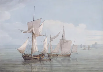 En Hoy and a Lugger med annan frakt på ett lugnt hav (wc, penna och svart bläck på vävt papper)