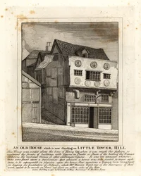 Ett gammalt tudorhus som står på Little Tower Hill, London