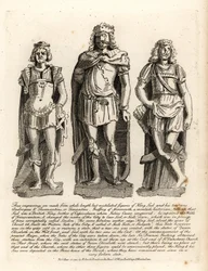Brittiska kungen Lud och hans söner Angrogeus och Theomantius (Temantius), reparatör av murarna i Trinovantum, senare Caer Lud eller Luds stad, 66AD
