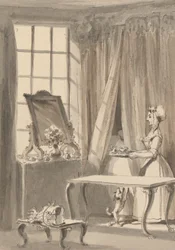 Hogarth har lagat frukost och skickar upp en kopp till sin fru samtidigt som han beordrar den lilla hunden att läggas in i hennes älskarinnas sängkammare