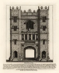 Newgate, återuppbyggd 1672 efter branden i London, med tre siffror Rättvisa, Fortitude och Prudence från den tidigare porten som byggdes av Londons borgmästare Richard Wittington