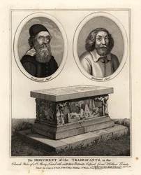 Ovala porträtt av naturforskare och samlare John Tradescant den äldre och yngre, och deras gravmonument på St Mary Lambeths kyrkogård