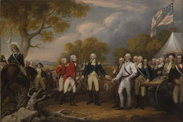 Slaget vid Saratoga: den brittiske generalen John Burgoyne kapitulerar för den amerikanske generalen Horatio Gates, 17 oktober 1777, ca 1822-32