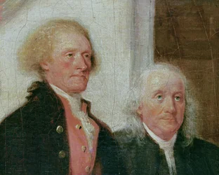 Utformning av självständighetsförklaringen, 28 juni 1776, detalj av Thomas Jefferson (1743-1826) och Benjamin Franklin (1706-90) c.1817 (detalj av 702745)