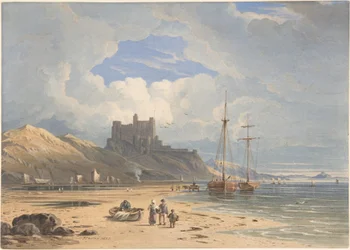 Bamborough Castle från nordost, med Holy Island i fjärran, Northumberland