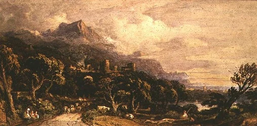 Landskap med slott och berg (akvarell)