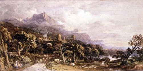 Landskap med slott och berg