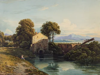 Vattenkvarn med avlägset slott och kullar