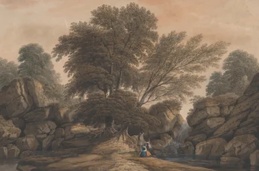 Figurer bredvid ett vattenfall och en pool i ett skogslandskap, 1812.