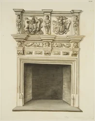 Skorstensstycke i tidigare bostad av Sir John Knight, Temple Street (penna och akvarell på papper)