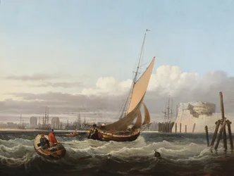 En varvsbåt svänger in i Portsmouths hamn (olja på pannå)